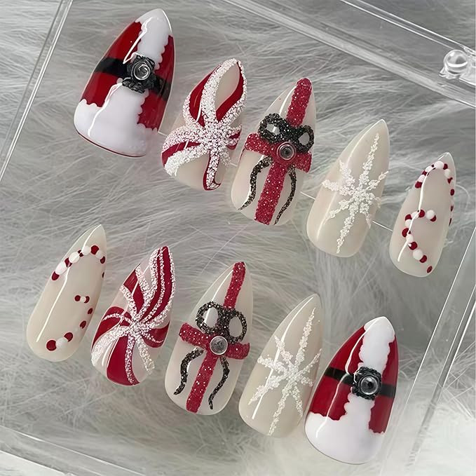 30Pcs Christmas Press on Nails Almond Fake Nails with Santa Claus Gift Designs Snowflake Candy Ca... | Amazon (US)
