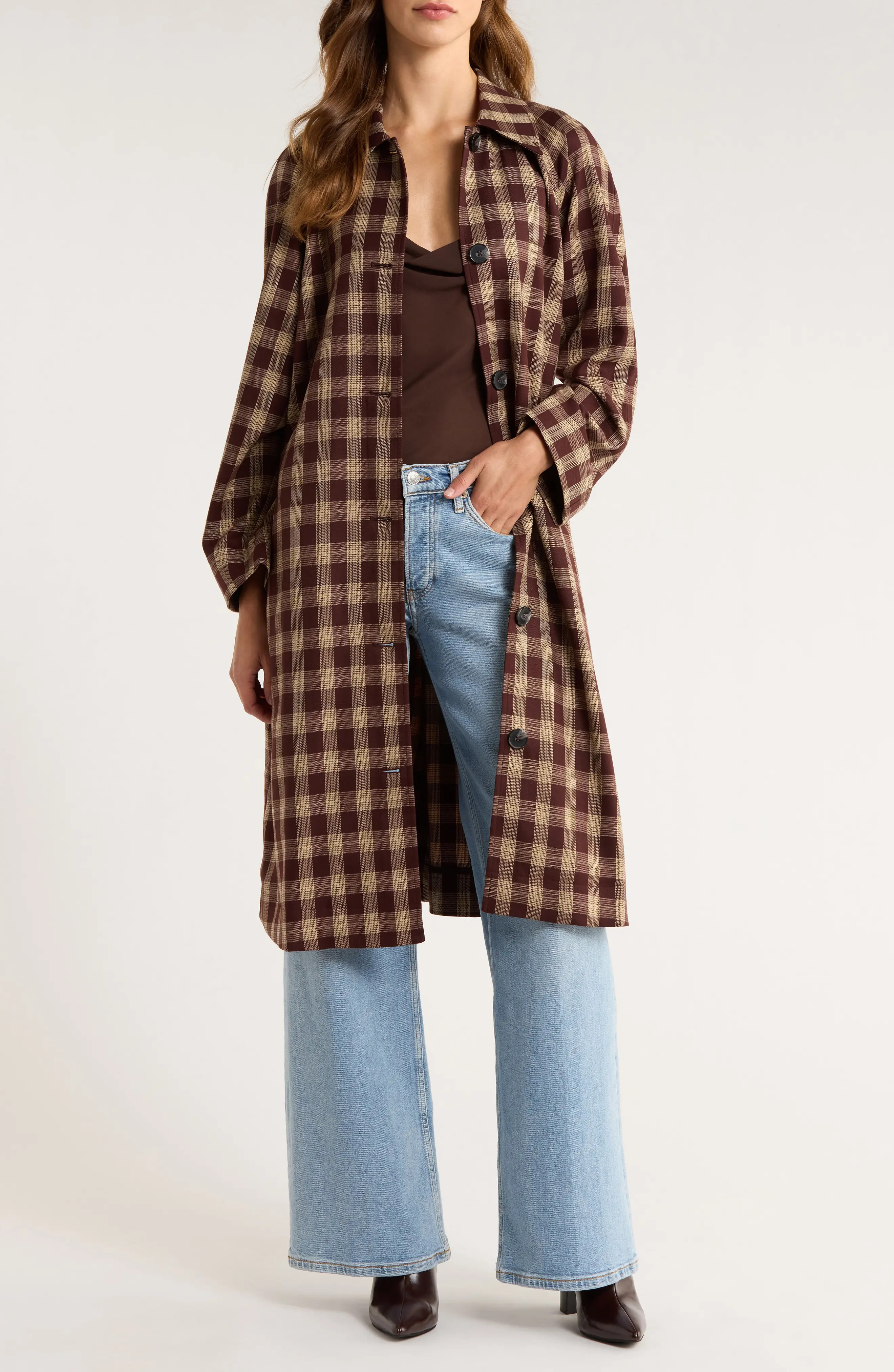 Reformation Beck Plaid Trench Coat in Brown Check at Nordstrom, Size X-Small | Nordstrom