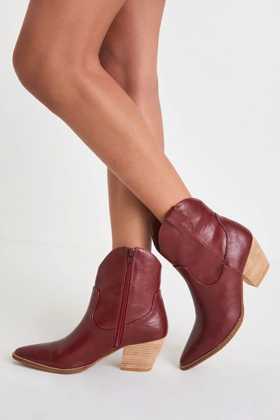 Clarietta Burgundy Pointed-Toe Western Ankle Booties | Lulus (US)