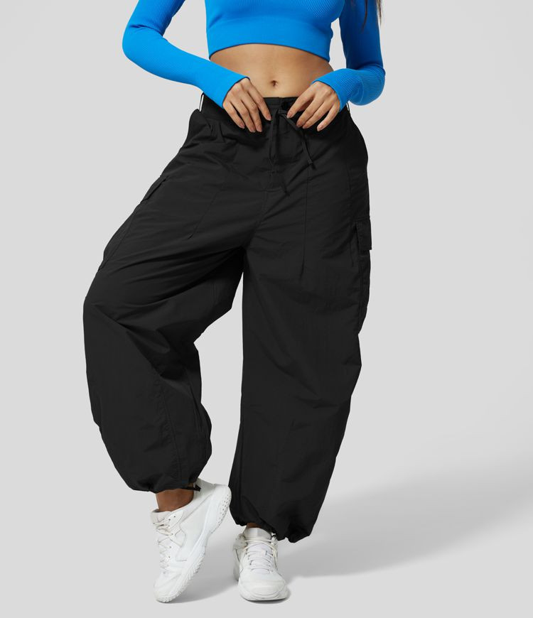 Mid Rise Drawstring Button Zipper Multiple Pockets Casual Cargo Joggers | HALARA