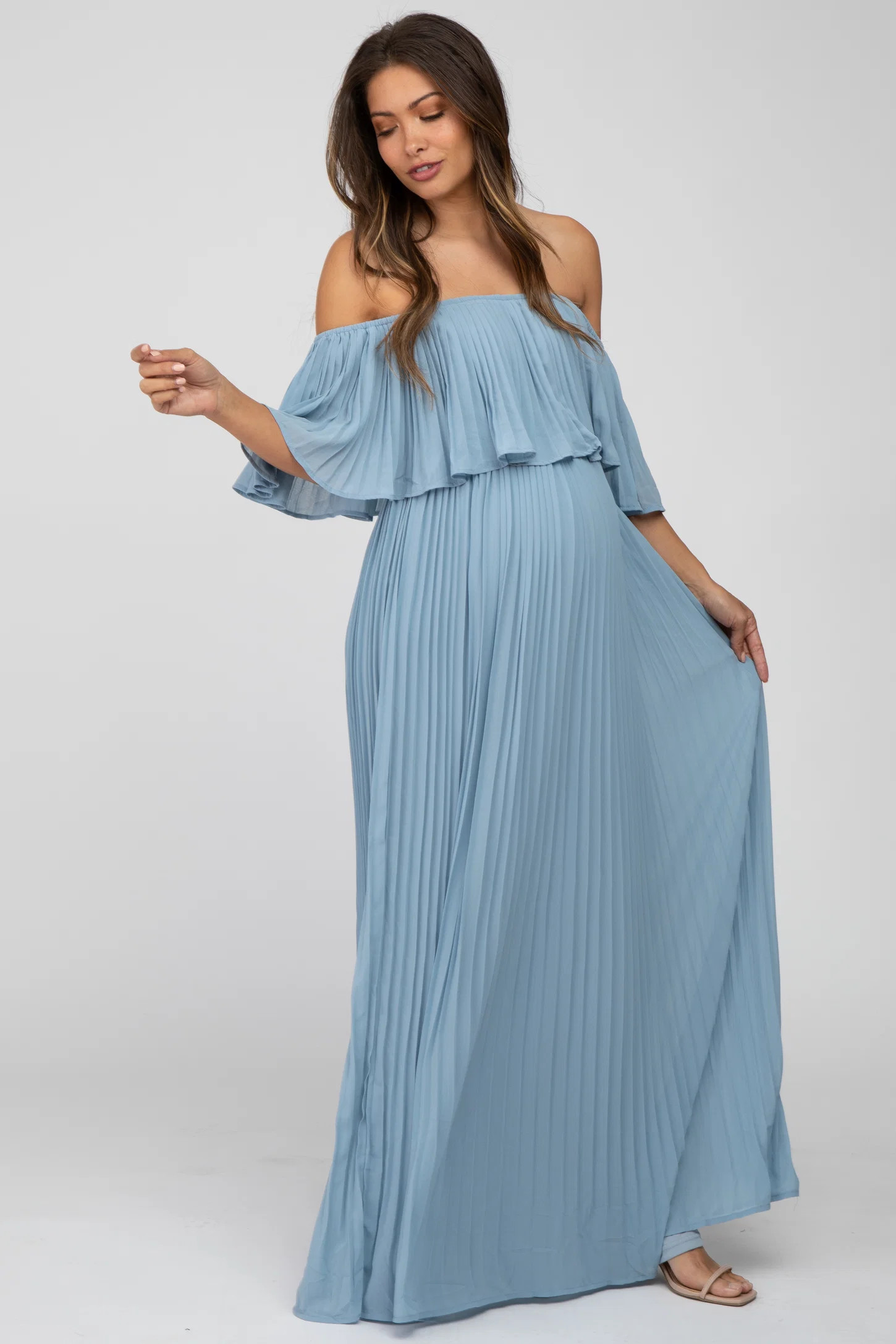 Light Blue Chiffon Pleated Off Shoulder Maternity Maxi Dress | PinkBlush Maternity