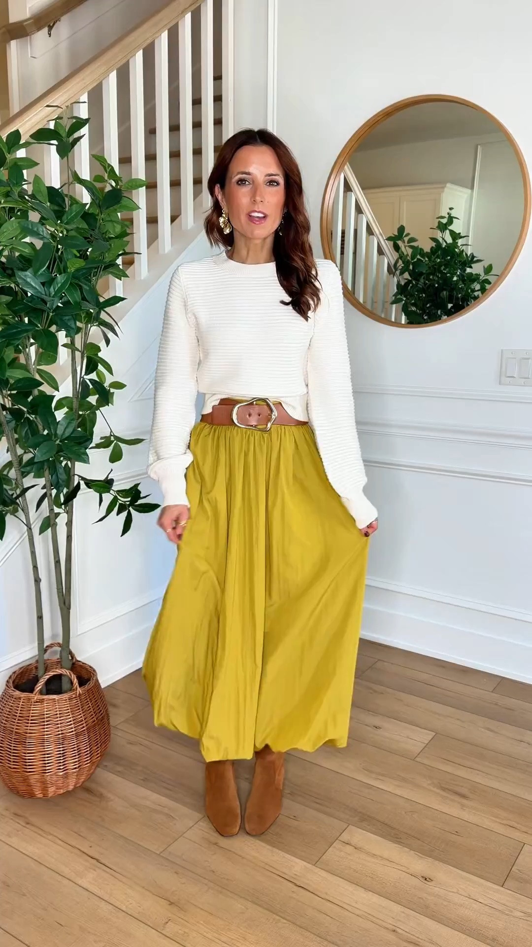 Amazon Thanksgiving outfits. Fall outfits. Pumpkin patch outfits. Friendsgiving outfits. Fall style. Christmas party outfits. Holiday party outfits. Bubble hem skirt and cream cropped sweater (doesn’t show skin). Wearing smallest size in each. I went up half a size in waterproof knee high boots - my third fall with these!