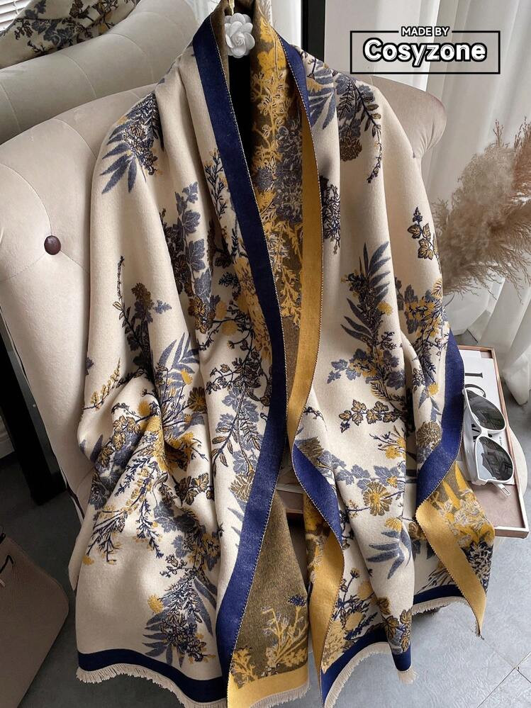 1pc Women's Faux Cashmere Printed Shawl With Flowers And Plants, Thick Warm Scarf, Suitable For Daily Wear In Autumn And Winter | SHEIN