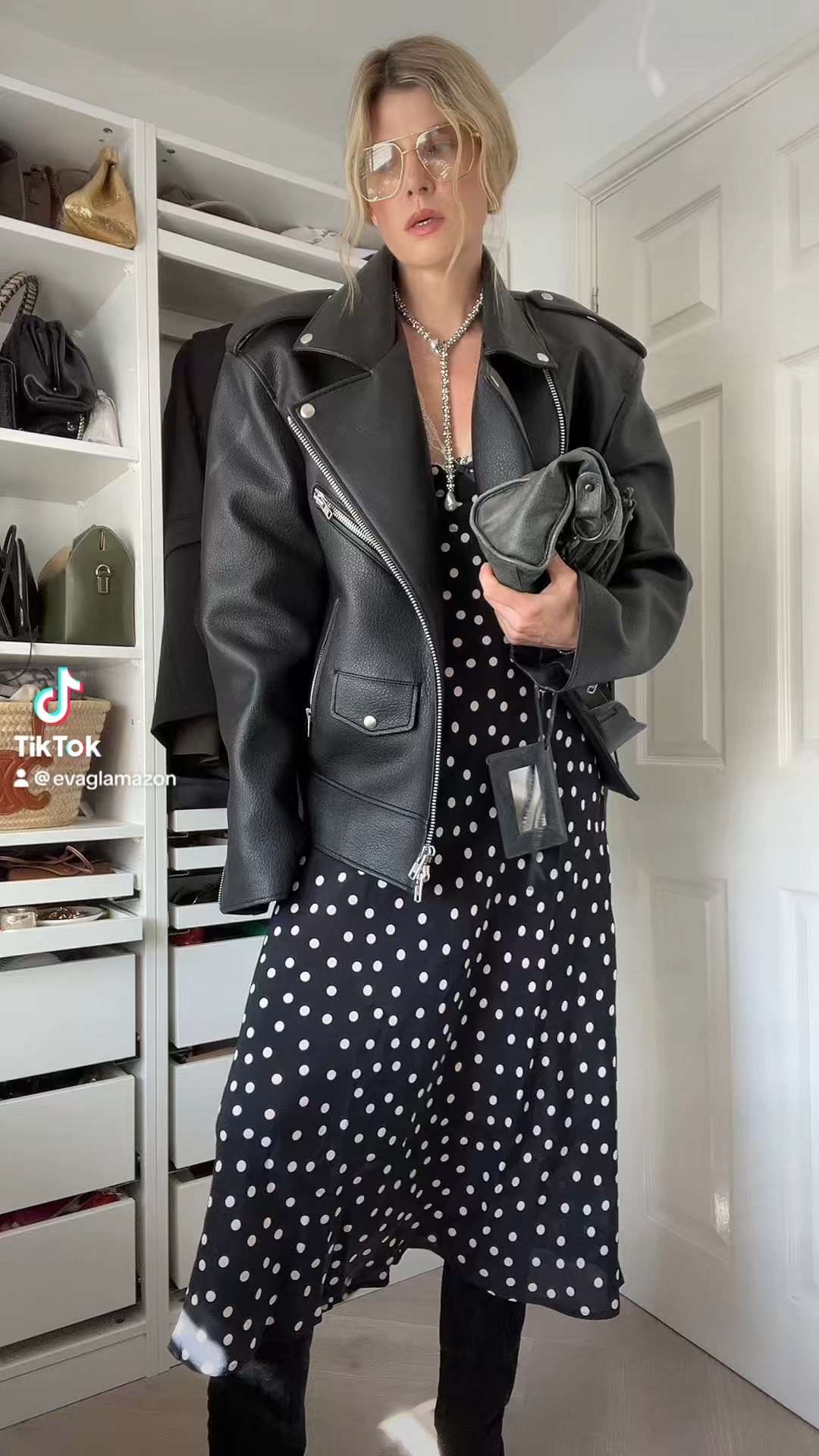 Polka dot dress, oversized biker jacket, cowboy boots, balenciaga bag 

#LTKsummer #LTKspring #LTKeurope