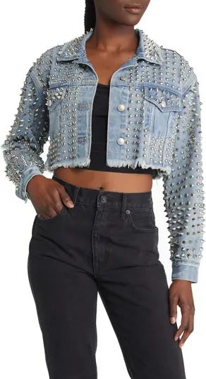 AZALEA WANG Studded Distressed Crop Cotton Denim Trucker Jacket | Nordstrom | Nordstrom