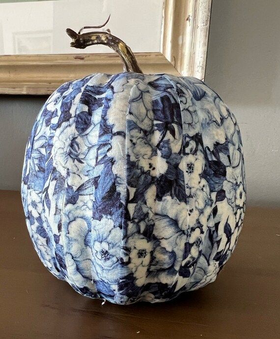 Decoupaged Pumpkin Blue and White 6 Inches Floral - Etsy | Etsy (US)
