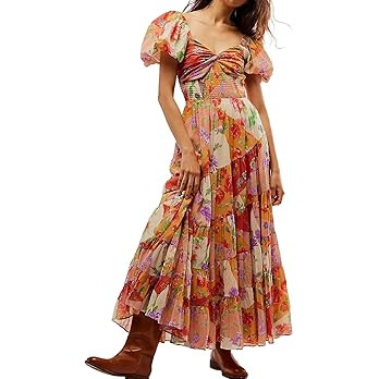 Women Floral Maxi Dress Short Puff Sleeve V Neck Bohemian Flowy Dress Smocked Casual Spring Summe... | Amazon (US)