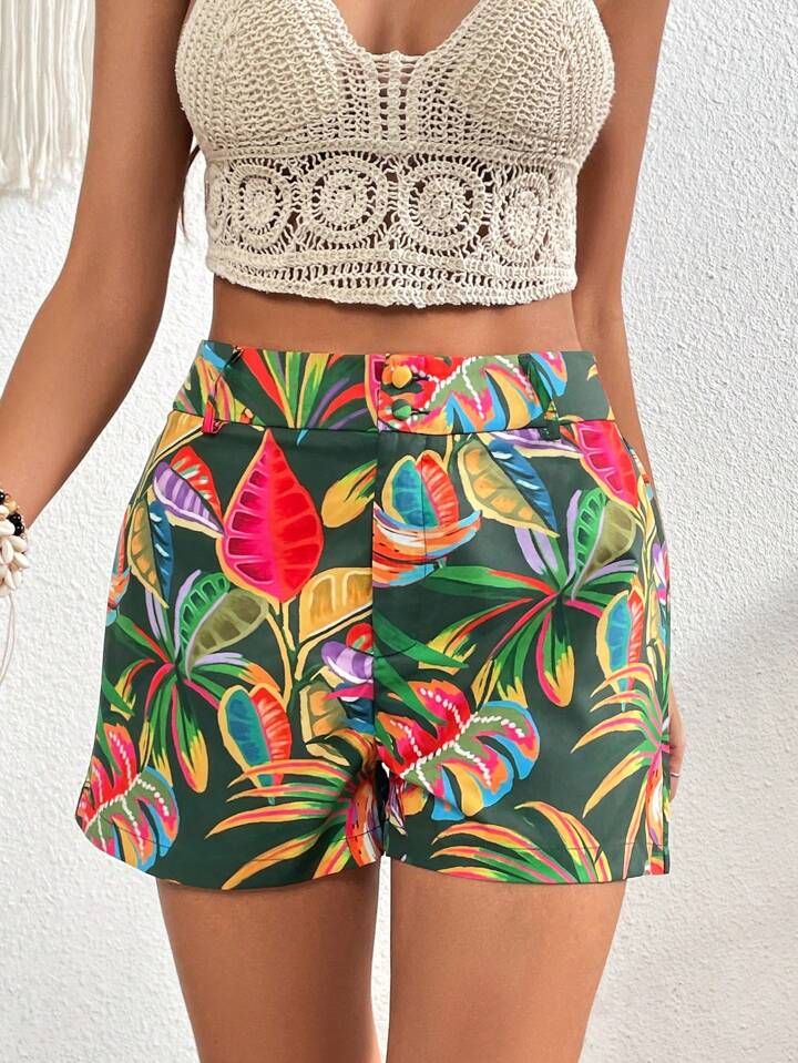 SHEIN VCAY Tropical Print Zip Fly Shorts | SHEIN