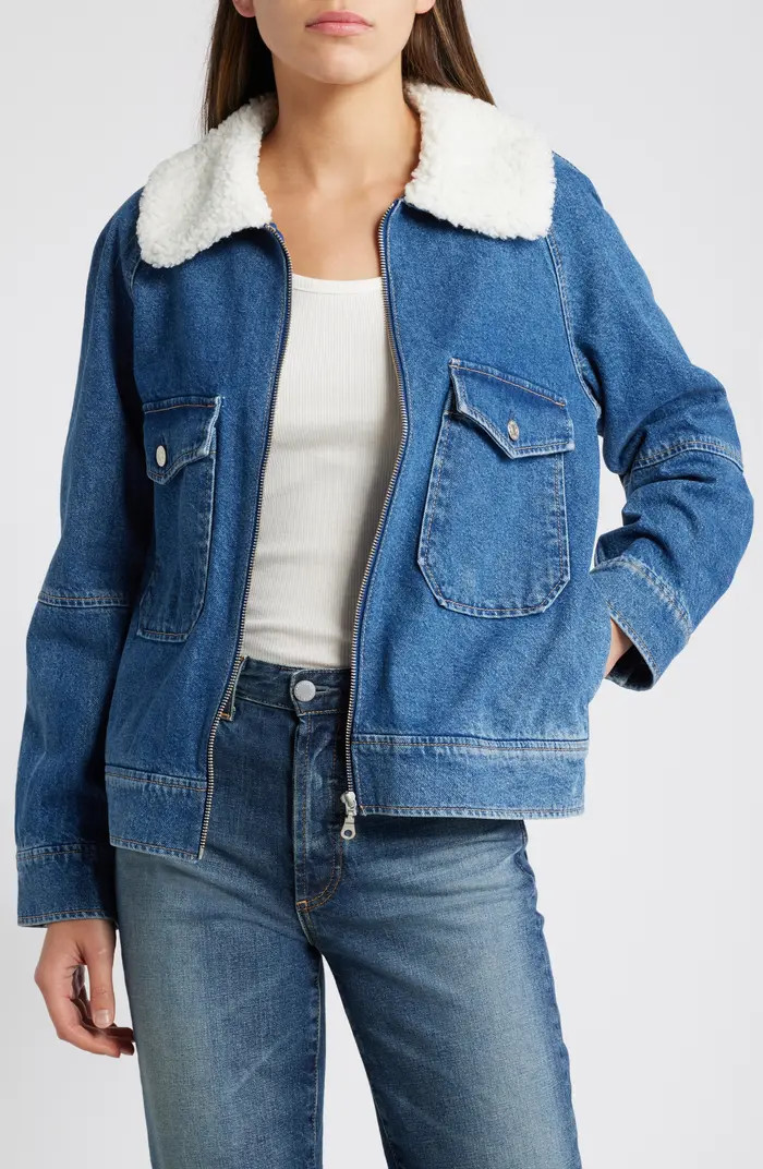 Cheyenne Faux Shearling Collar Denim Zip-Up Utility Jacket | Nordstrom