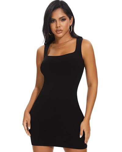 SHAPERIN Women's Built in Shapewear Tank Dress Ribbed Bodycon Mini Dress Sleeveless Square Neck Dresses (Small,Black) | Amazon (US)