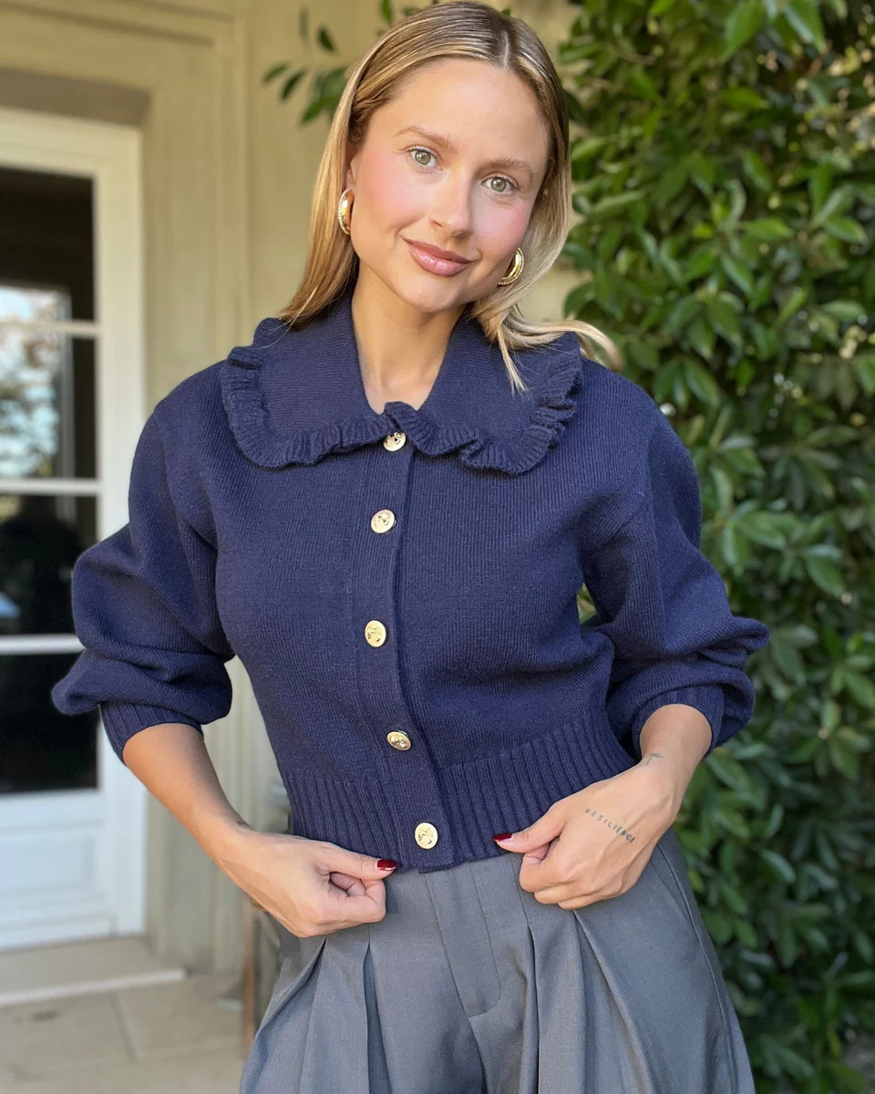 Wendy Ruffle Collar Balloon Sleeve Cardigan - Navy | Benaar La