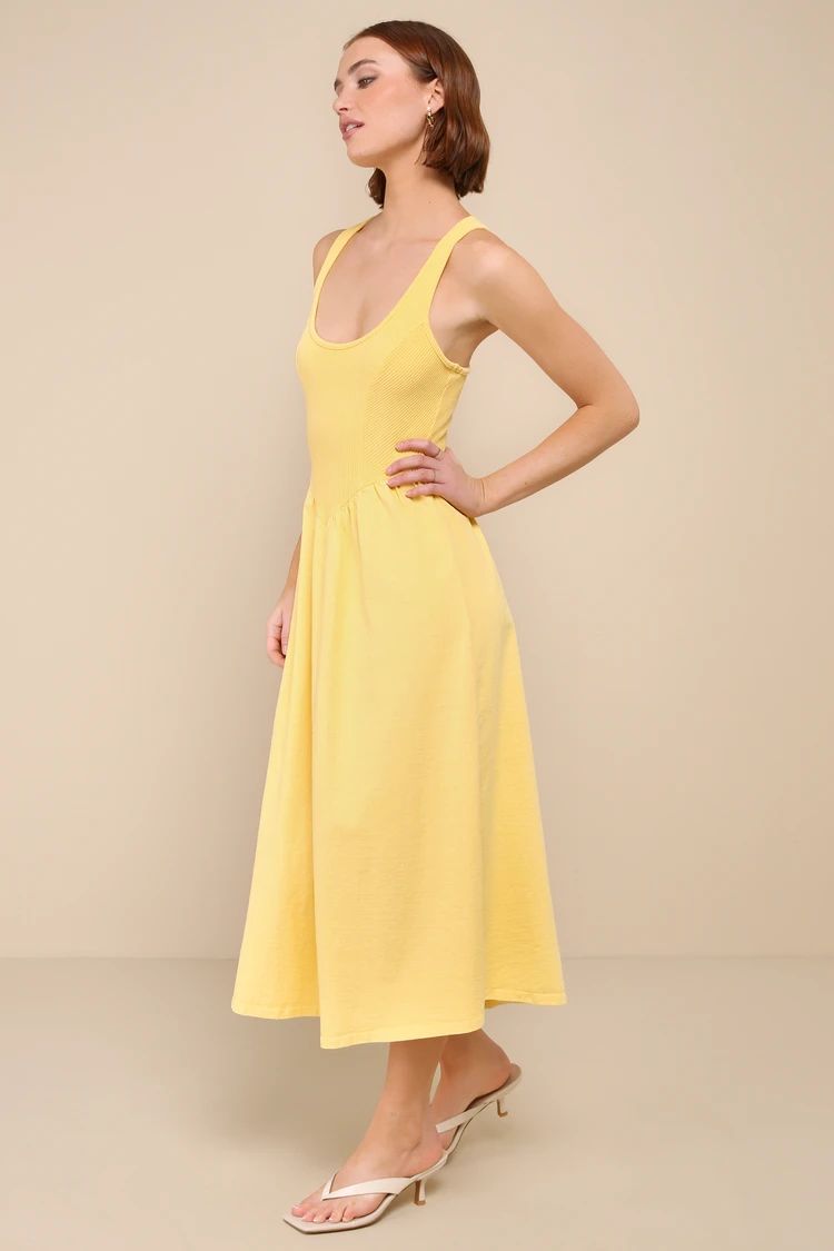 Summer Beauty Light Yellow Ribbed Twist-Back Midi Dress | Lulus