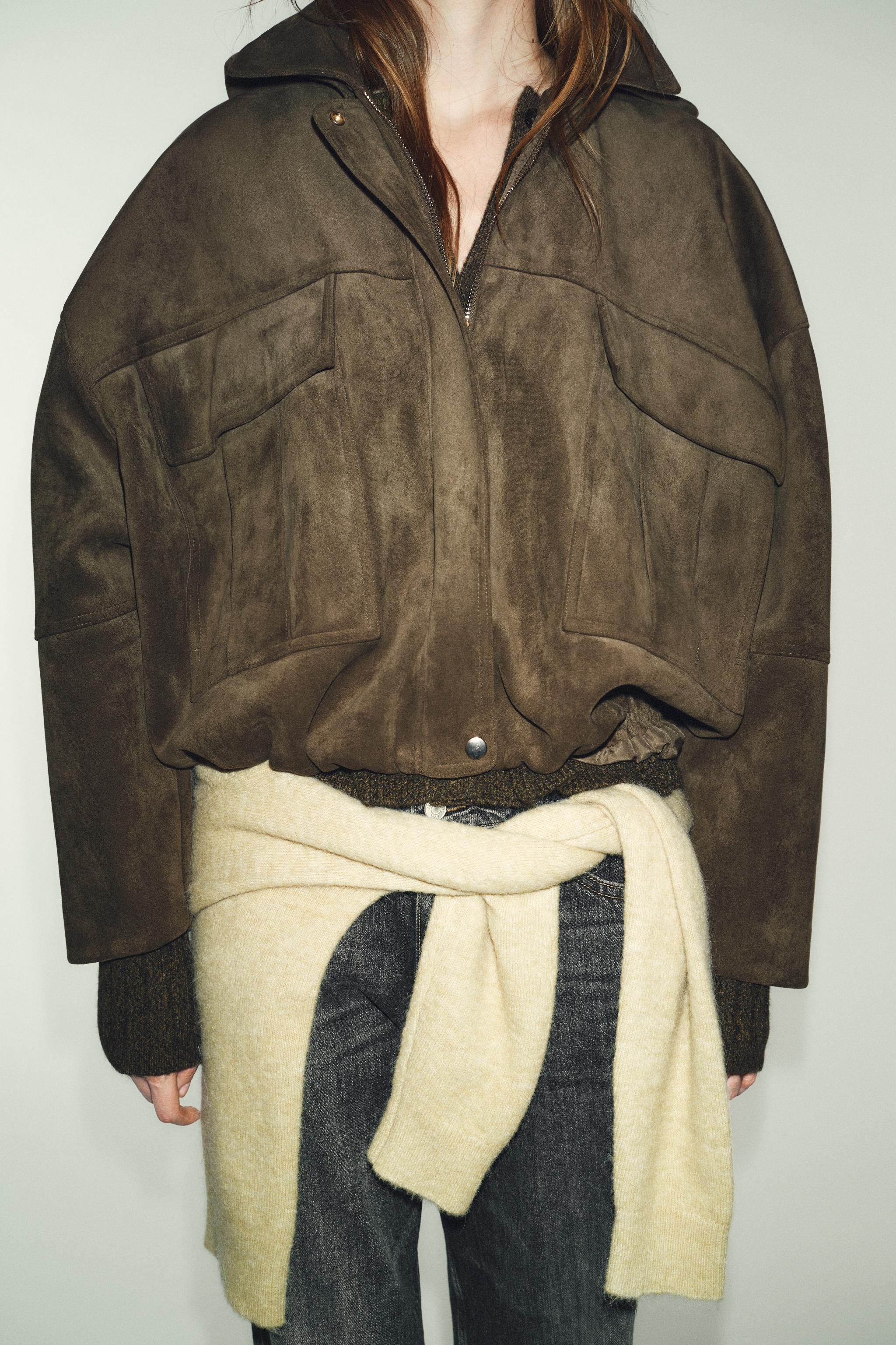 OVERSIZED FAUX SUEDE HOODED BOMBER JACKET | Zara US