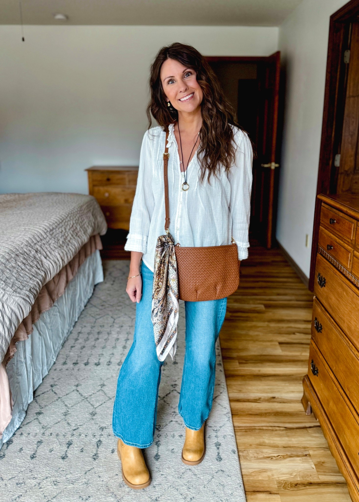 Wearing xs in this cotton blouse —it’s so cute! I’ve had it for 3 years.
 My jeans are size 24 in the 26” inseam. 

I made my necklace but linked similar options. 
This crossbody bag is beautiful and I love tying a scarf on it🤍


#LTKPetite #LTKootd #LTKgrwm