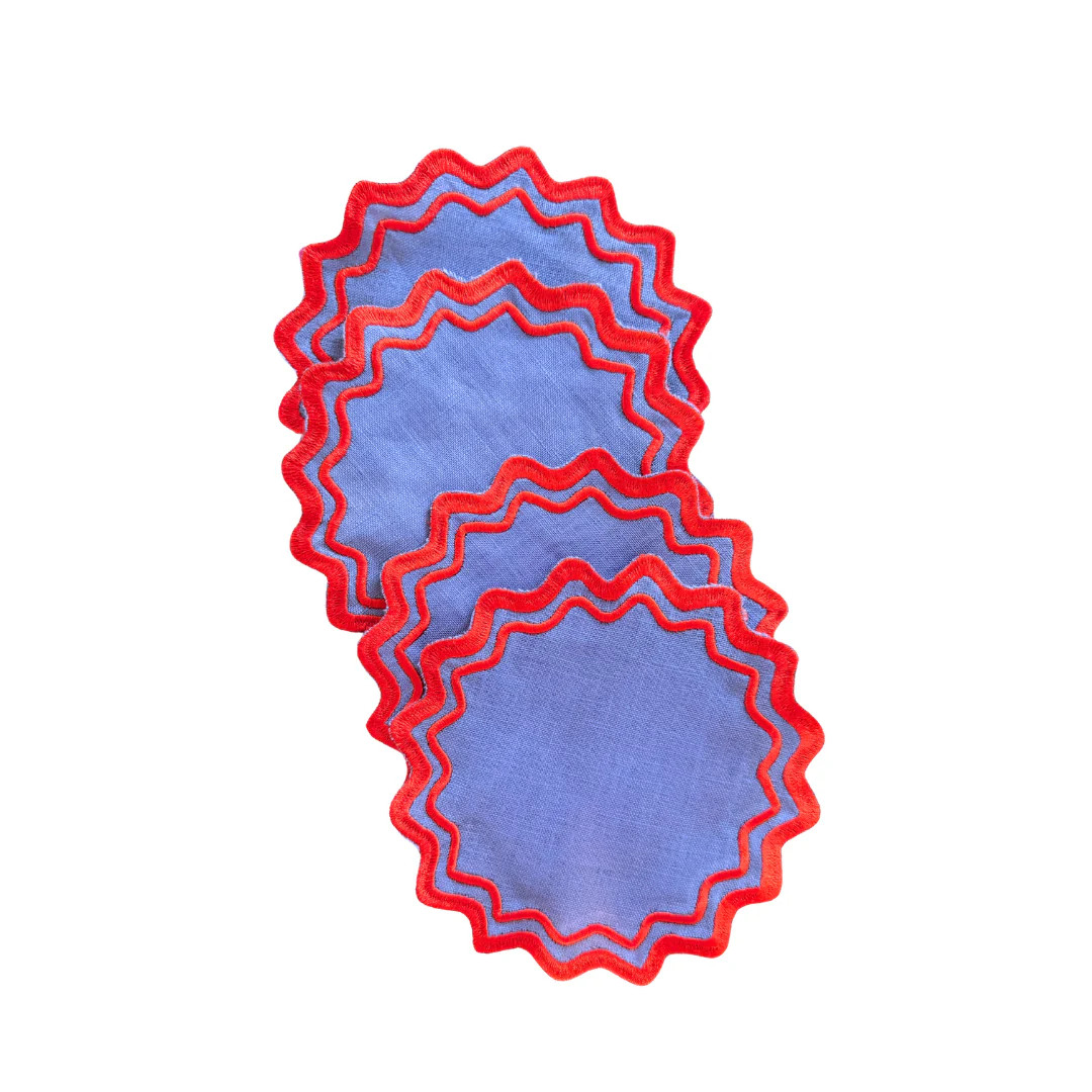 Waved Linen Cocktail Napkins in Blue & Red | Fete Papier