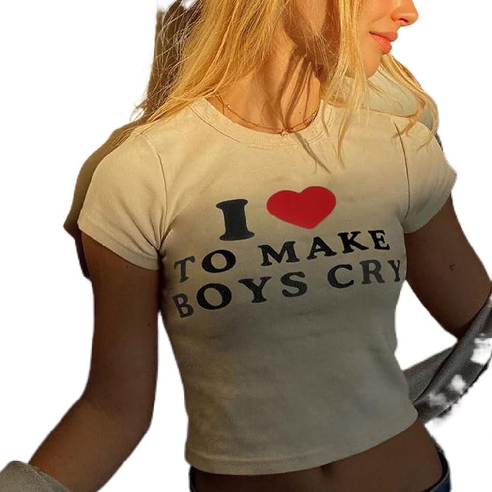 Women Girls Y2K Crop Top Letter Print Baby Tees Grunge T-Shirt | Amazon (US)