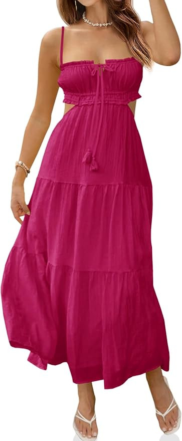 Fisoew Women's Spaghetti Strap Maxi Dress Summer Sleeveless Side Cut Out Dress Casual Boho Backle... | Amazon (US)