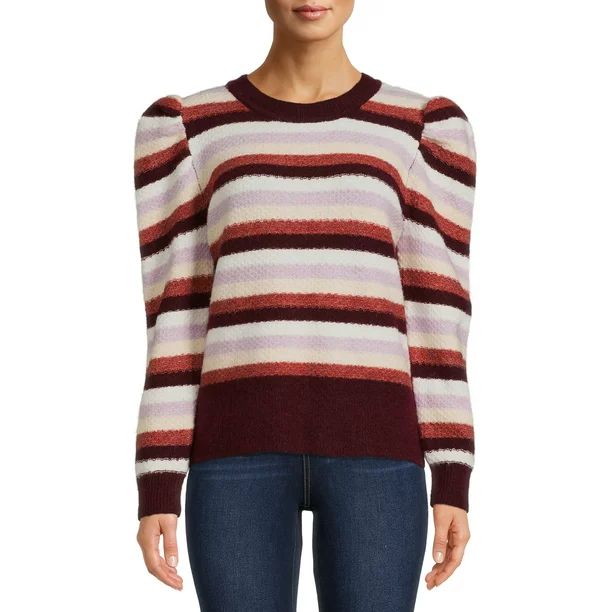 Time and Tru Women’s Striped Puff Sleeve Sweater - Walmart.com | Walmart (US)