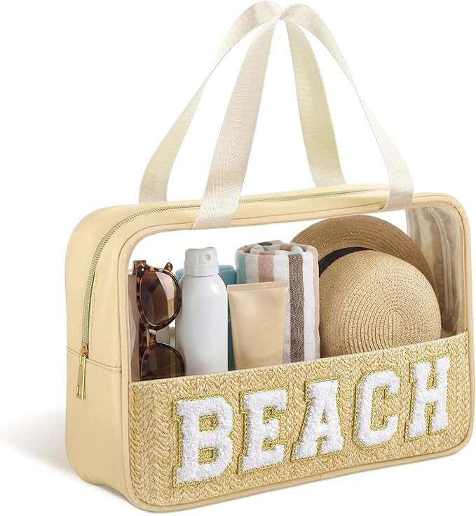 Clear Beach Bag Travel Toiletry Makeup Bags with Handle Chenille Letter Large Woven Transparent S... | Amazon (US)