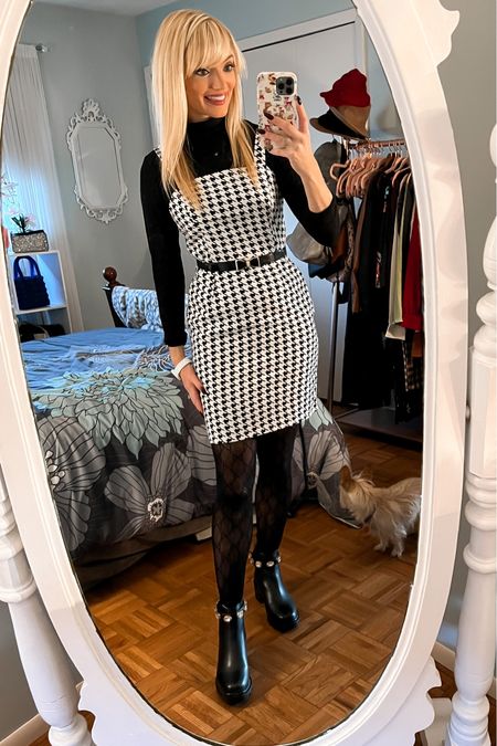 Houndstooth pinafore - cropped turtleneck - bow belt - Steve Madden Amulet Boots - chunky combat boots - work outfits - business casual - wear to work - Amazon Fashion - Amazon Finds 

#LTKSeasonal #LTKunder50 #LTKworkwear