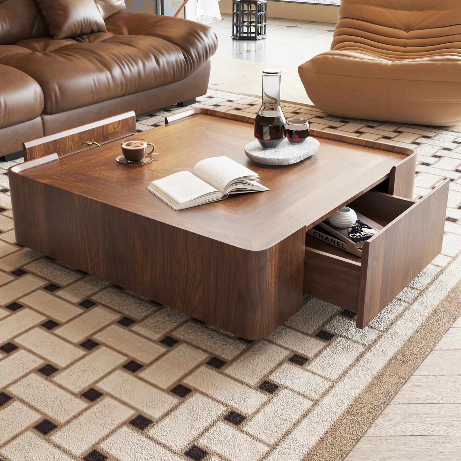 Modern Industrial Walnut Square Coffee Table with 2 Storage Drawers for Living Room & Home Office | Wayfair North America