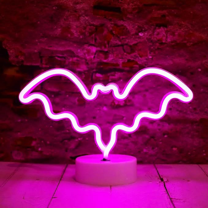 LED Neon Bat Lights Halloween Decorations, Bat Shape Neon Signs Night Lights Battery Operated Des... | Amazon (US)