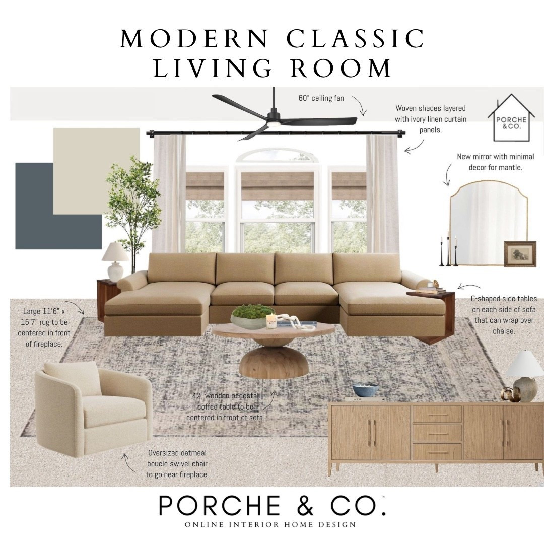 Soft neutrals, warm wood tones, and layered textures come together beautifully in this Modern Classic Living Room 🤎✨ This layout features an oversized sectional for maximum comfort, oatmeal swivel chair near the fireplace, woven shades paired with ivory linen curtains, and a statement 42” pedestal coffee table to anchor the space.
Living Room Online Interior Design from Porche & Co.

Do you want to bring our dreamy Modern Classic style interior design into your own home? 🏡 You’re in luck! Reserve our Online Interior Design packages today -> https://porcheandco.com/edesign ✨ We can’t wait to work with you & design your home with #porcheandco

#porcheandco #visionboard #moodboard #interiordesign #virtualdesign #modernclassic #livingroomdesign #neutralhome #cozyinteriors


#LTKvlog #LTKdayinmylife #LTKHome