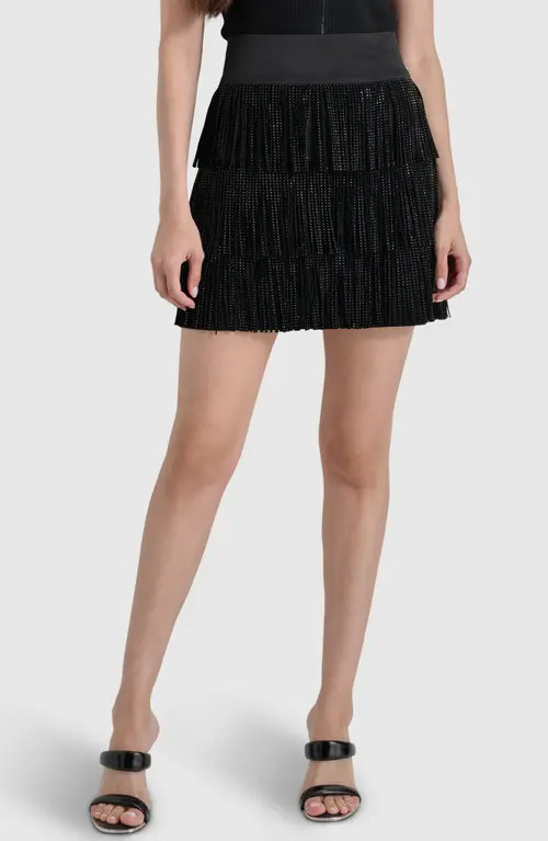 DKNY Studded Fringe Miniskirt in Black at Nordstrom, Size 0 | Nordstrom