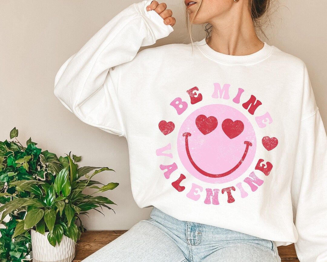 Retro Valentines Sweatshirt, Happy Face Smile Sweatshirt, Be Mine Valentine Sweater, Valentine's ... | Etsy (US)