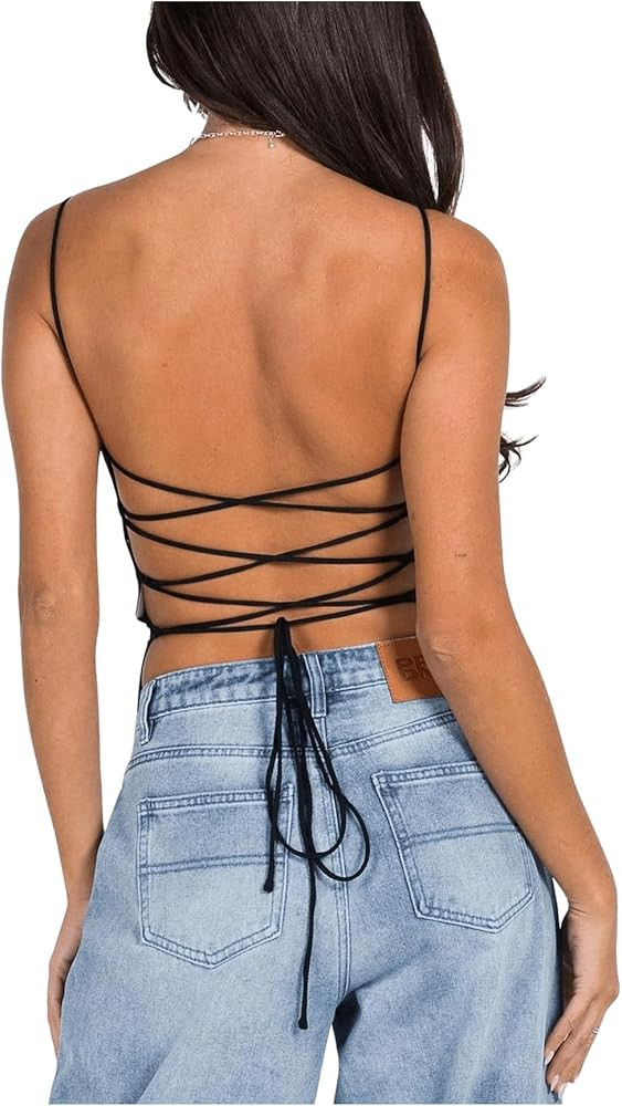 WDIRARA Women's Lace Up Backless Cami Top Spaghetti Strap Camisole Night Out Crop Tops | Amazon (US)