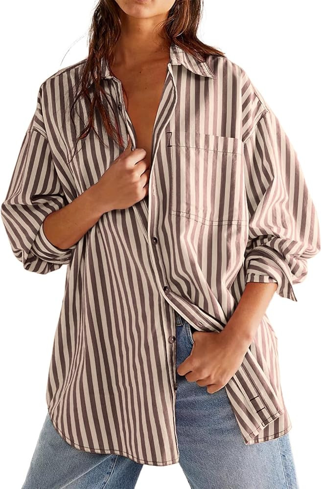 CHYRII Womens Striped Button Down Shirt Casual Long Sleeve Blouse Top | Amazon (US)