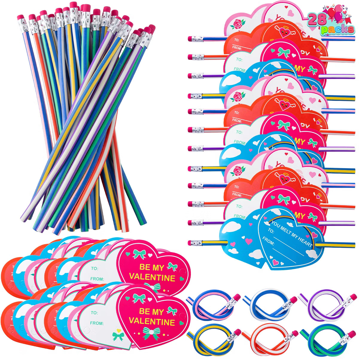 Joyfy 28 Packs Bendy Pencils with Valentine's Day Cards for Kids-Classroom Exchange Gifts, Valent... | Target