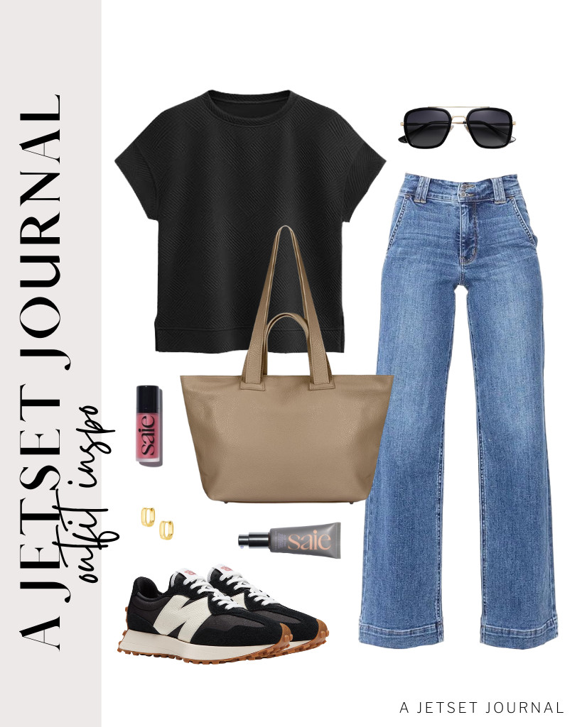 You will be obsessed with this pair of black crewneck tops and stretchy jeans! It’s a classy option for casual meetings, travel, or shopping. An Italian calf leather tote bag matches this outfit as well as New Balance sneakers. Finish the chic look with small chunky hoop earrings. 

 #LTKSeasonal #LTKSaleAlert #LTKTravel