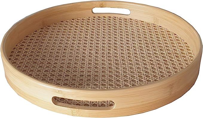 Large Round Serving Tray | Bamboo Wood Tray | Rattan Tray | 15 x 2 inch | with Handles for Breakf... | Amazon (US)