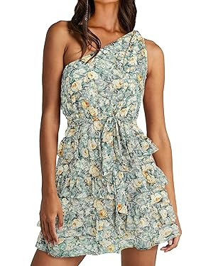 BTFBM 2024 Women One Shoulder Casual Summer Dresses Floral Boho High Waist Beach Ruffle Tiered A ... | Amazon (US)
