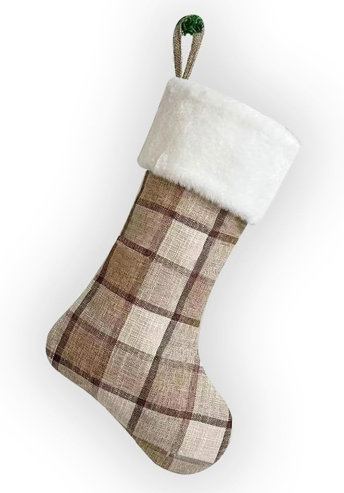 Large Christmas Stockings, Plush Velvet Faux Fur Xmas Stocking Decoration Vintage White Plaid Hanging Stockings Ornaments for Family Holiday Season Decor | Amazon (US)