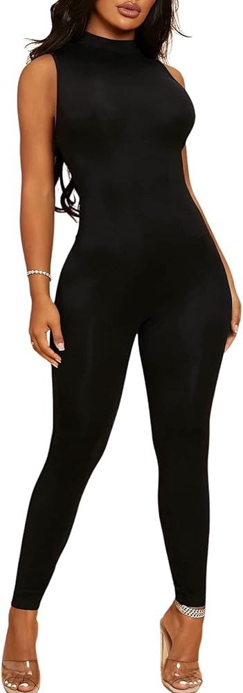 MakeMeChic Women's Sleeveless Mock Neck Bodycon Jumpsuit Unitard Bodysuit | Amazon (US)