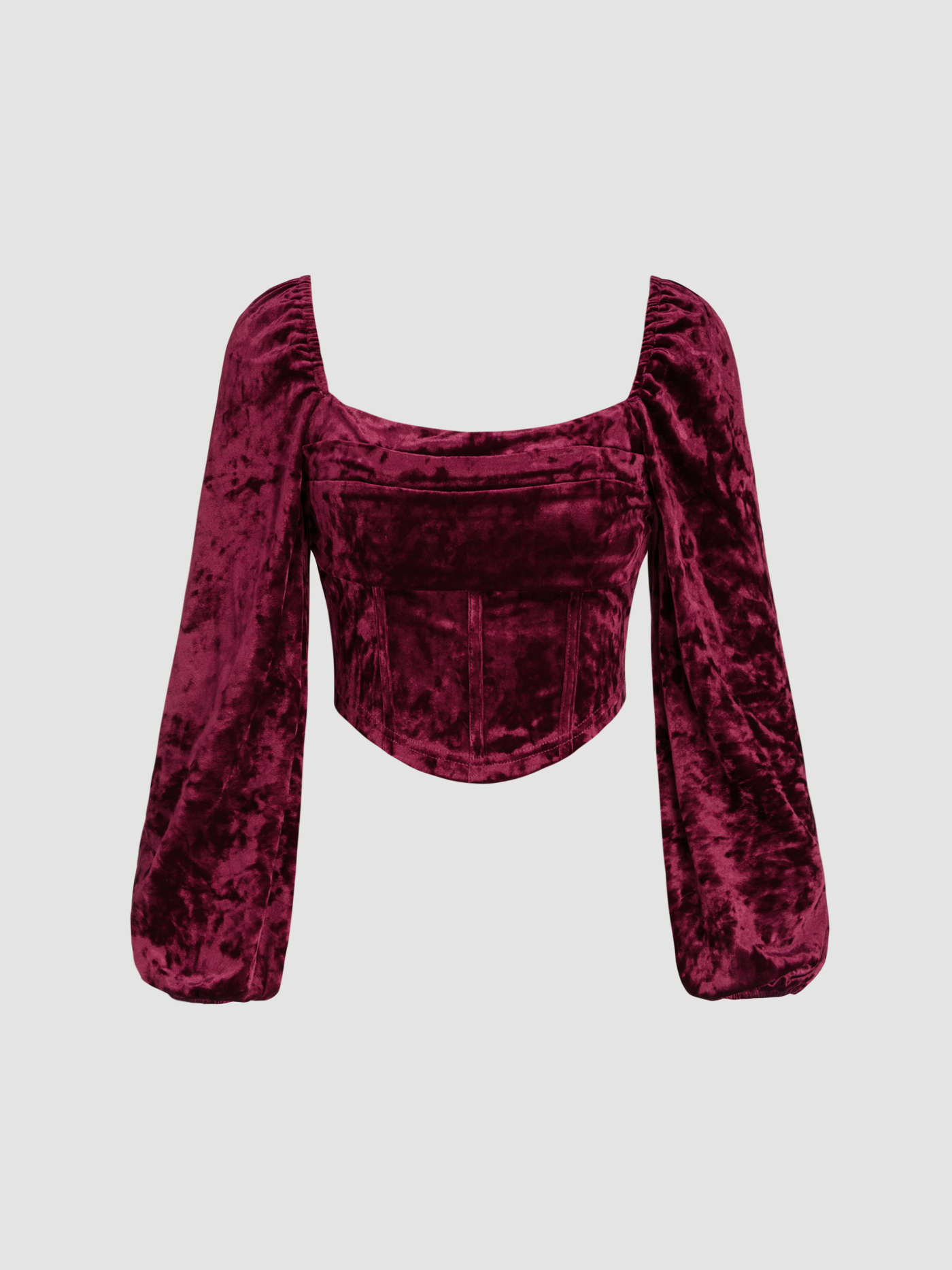 Velvet Square Neck Solid Zipper Crop Long Sleeve Blouse | Cider