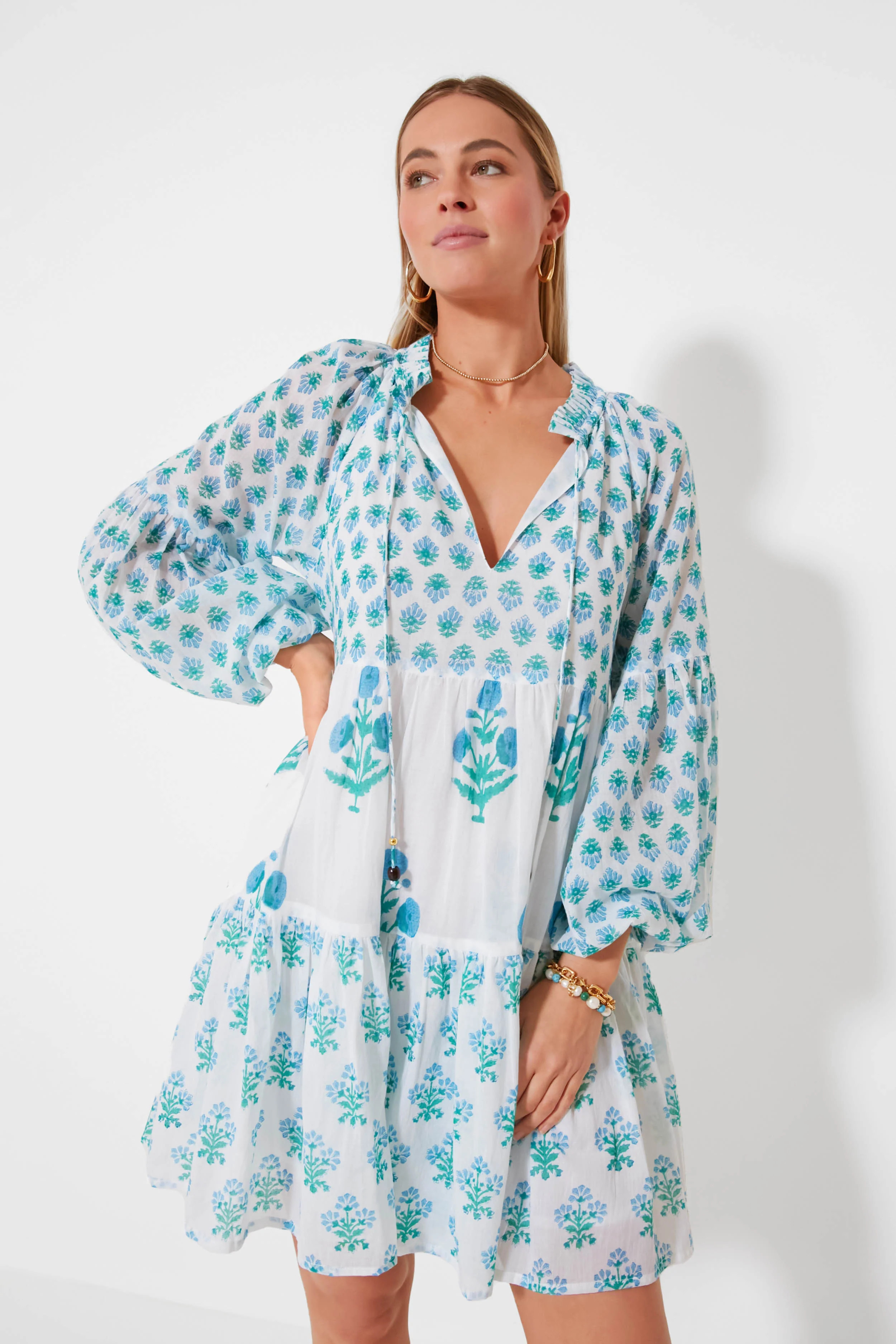 Exclusive Blue Floral Balloon Sleeve Short Mini Dress | Tuckernuck (US)