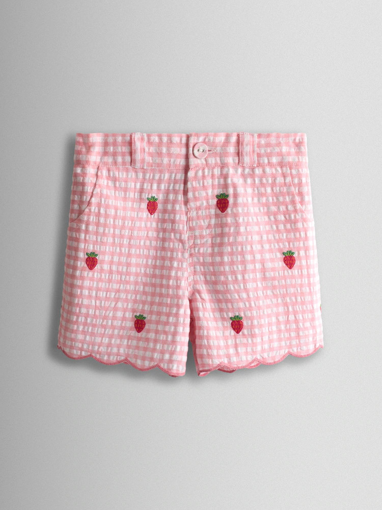 JoJo Maman Bébé Pink Strawberry Scallop Hem Embroidered Shorts | Next US