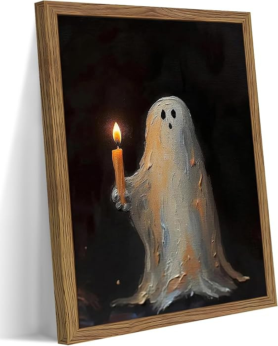Framed Vintage Halloween Ghost Wall Art, Cute Spooky Ghost with Candle Canvas Print, Dark Moody O... | Amazon (US)