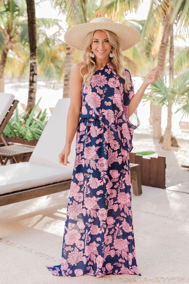 Found My Forever Navy Floral One Shoulder Maxi Dress | Pink Lily