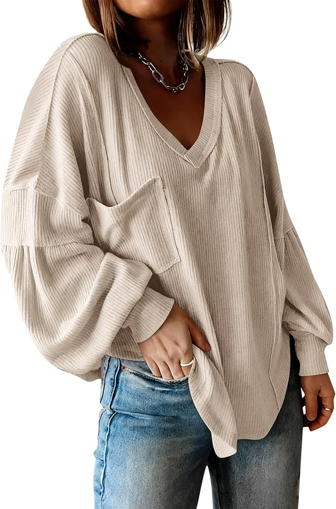 BTFBM Womens Fall Fashion 2025 Long Sleeve Shirts Casual V Neck Ribbed Knit Blouses Pullover Tren... | Amazon (US)
