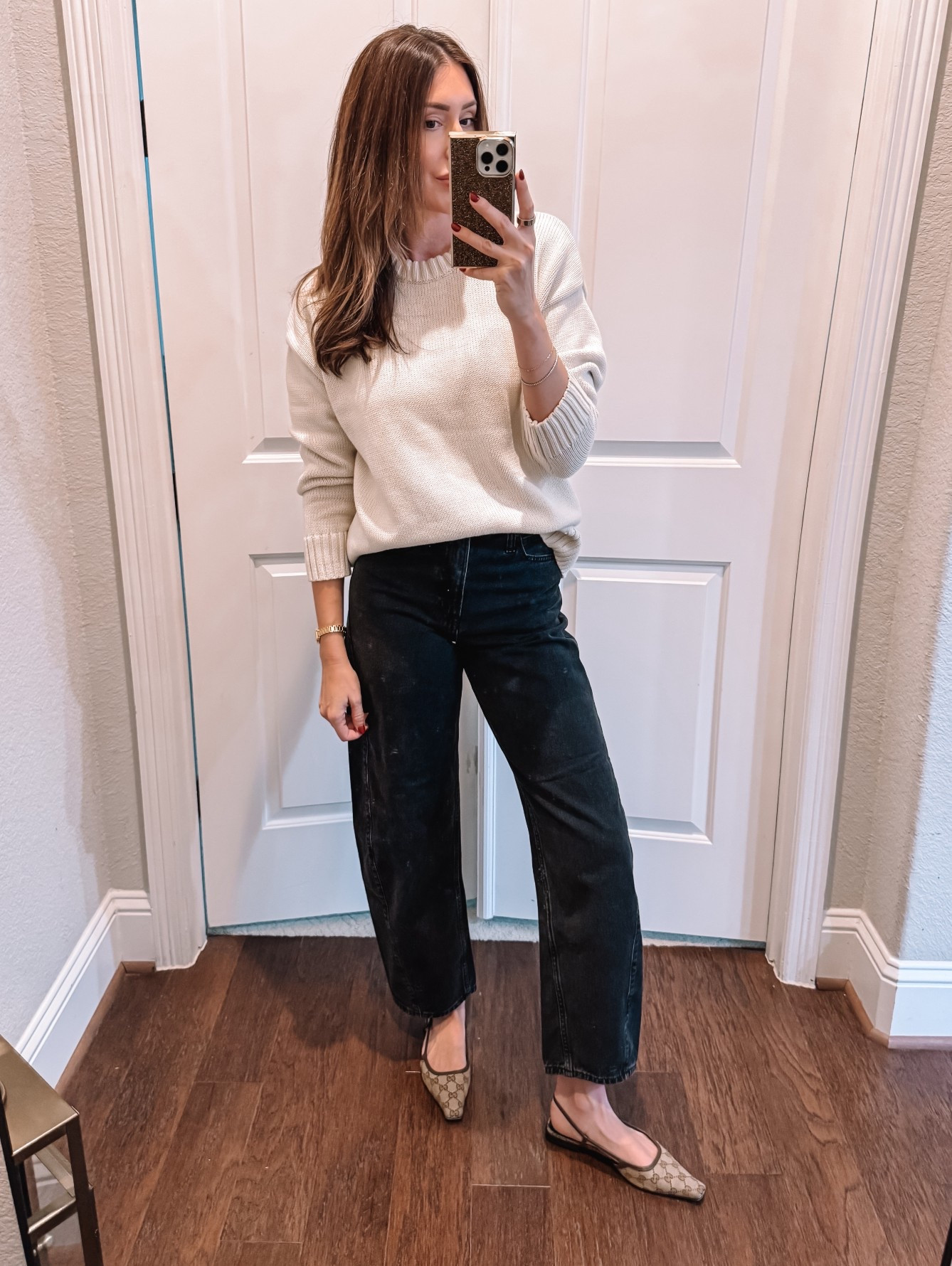 Small in sweater, size 26 in jeans 