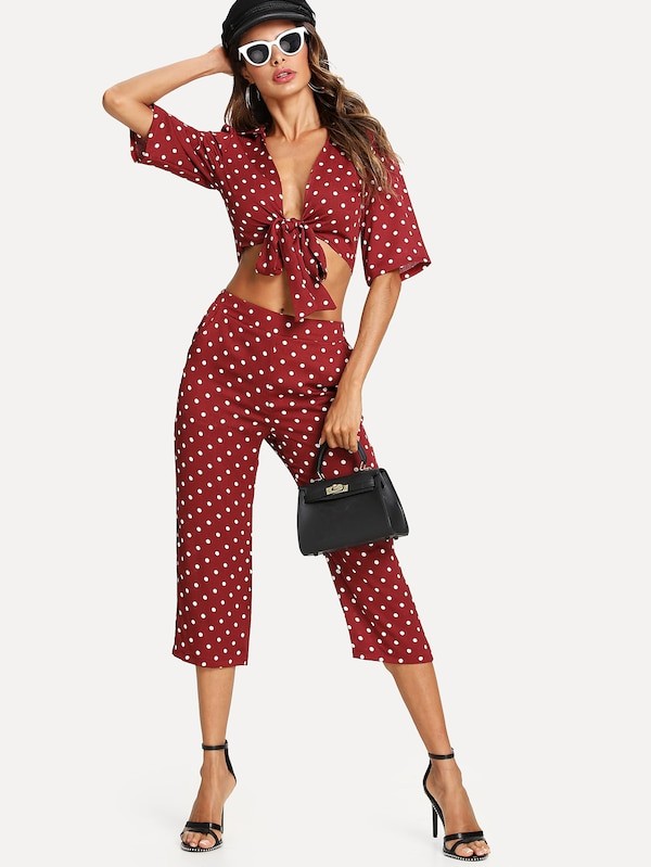 Polka Dot Tie Front Top With Pants Set | SHEIN