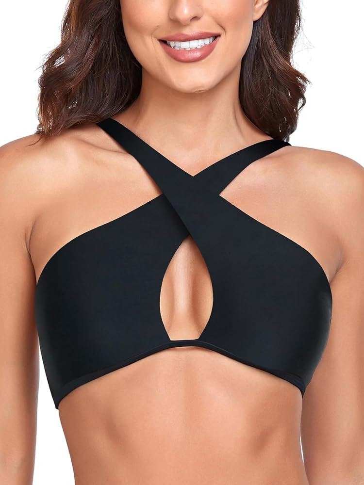 RELLECIGA Women's Halter Bikini Top Criss Cross Cutout Bathing Suit | Amazon (US)