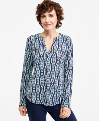 Jm Collection Women's Printed V-Neck Zipper-Pocket Knit, Macy's Exclusive - Intrepid Blue | Macy's