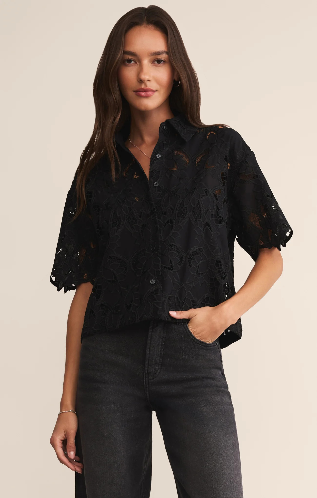 Z SUPPLY Women's Midnight Embroidered Top, Black, Small | Z Supply