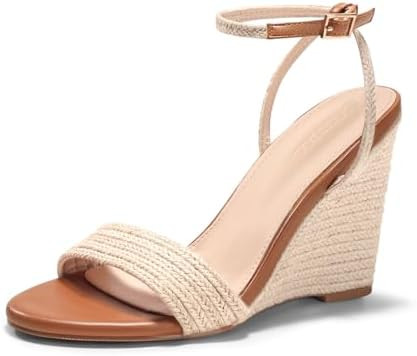 Coutgo Womens Raffia Wedge Sandals Espadrilles Open Toe Ankle Strap Summer Beach Shoes | Amazon (US)