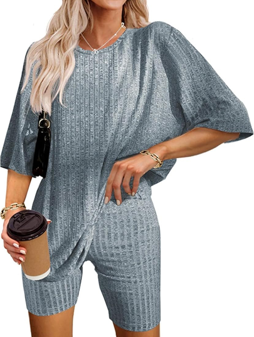 Ribbed Knit Lounge Set for Women Pajama Set 2 Piece Outfits Oversized T-Shirt and Biker Shorts Se... | Amazon (US)